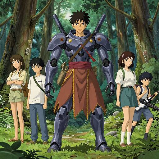 Anime-style digital illustration of a black-haired, armored warrior with a red loincloth, surrounded by four Japanese schoolchildren in a forest.