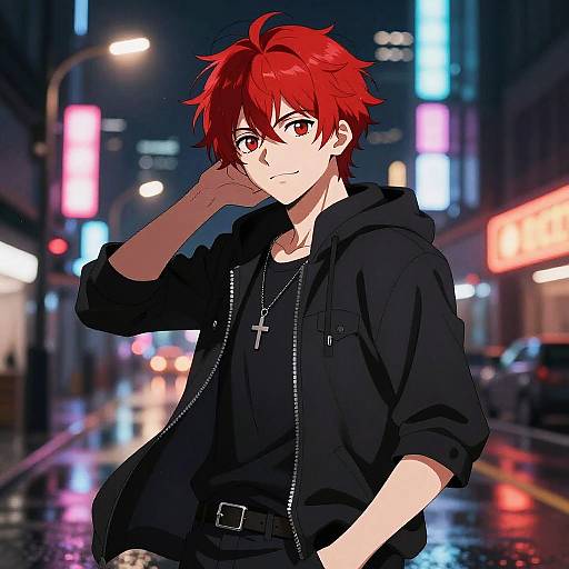 Anime-style digital drawing of a red-haired, fair-skinned boy in a black hoodie and cross necklace, standing on a neon-lit, rainy city