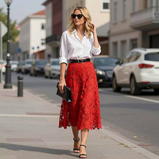 Blonde Woman in Red Lace Skirt on City Street