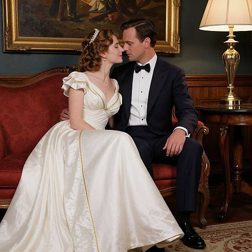 Photograph of a romantic scene: a brunette bride in a white satin gown and a dark-suited groom kissing on a red velvet sofa, with a