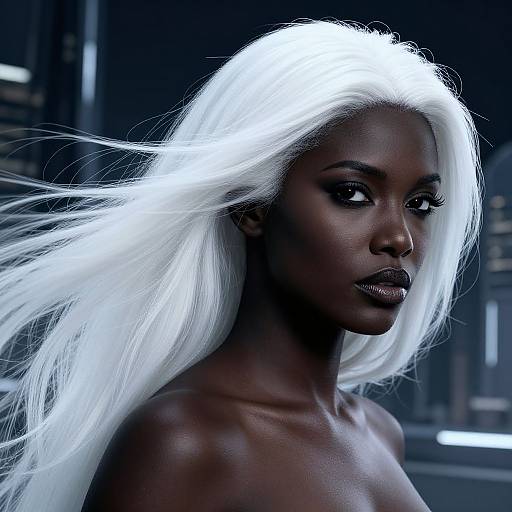 Photorealistic digital portrait of a dark-skinned woman with strikingly white, glowing hair against a nighttime urban cityscape background.