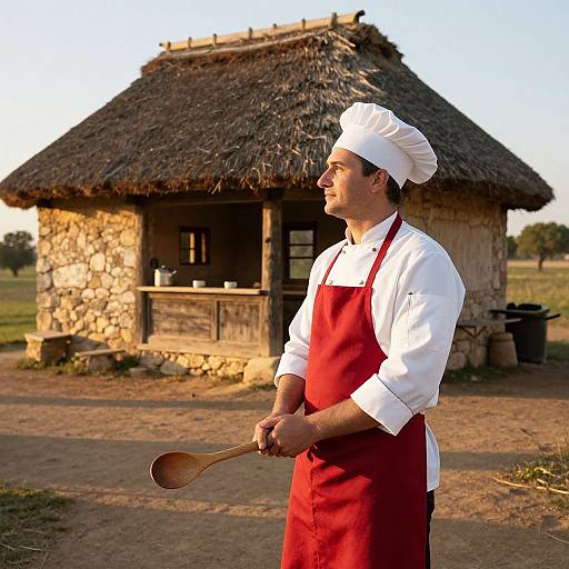 Chef in Red Apron by Rustic Countryside Kitchen