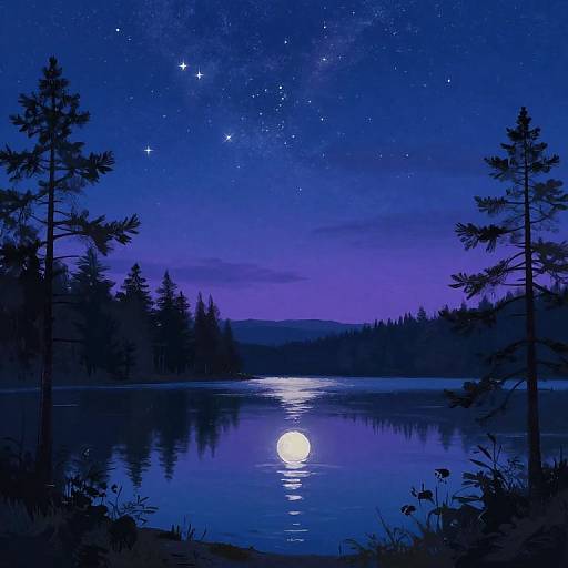 Nighttime lake scene with a bright full moon reflecting on calm water, surrounded by silhouetted pine trees under a starry, deep blue sky