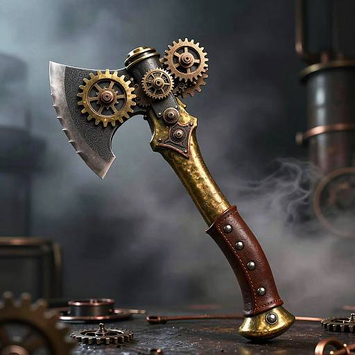 Steampunk axe with brass handle, leather grip, and gear mechanisms, emitting smoke, set against a dark, industrial background. Photorealistic CGI