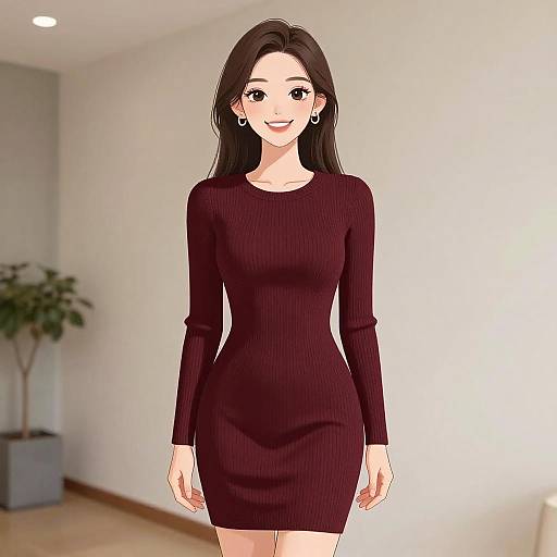 Digital anime-style drawing of a smiling woman with long black hair, wearing a form-fitting, long-sleeve, dark purple dress, standing in