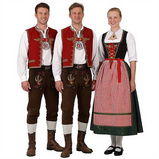 Photograph of three people in traditional Bavarian attire: two men in red vests, white shirts, and brown lederhosen, one woman in
