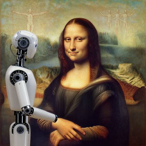 Digital artwork of the Mona Lisa with a white robotic arm, blending Renaissance style with modern technology, featuring three flying figures in the background.