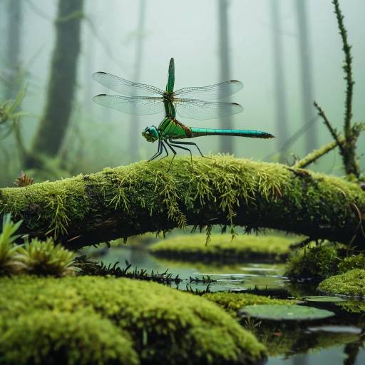 Green Dragonfly on Mossy Branch