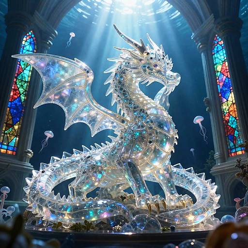 Iridescent Crystal Dragon in Underwater Cathedral