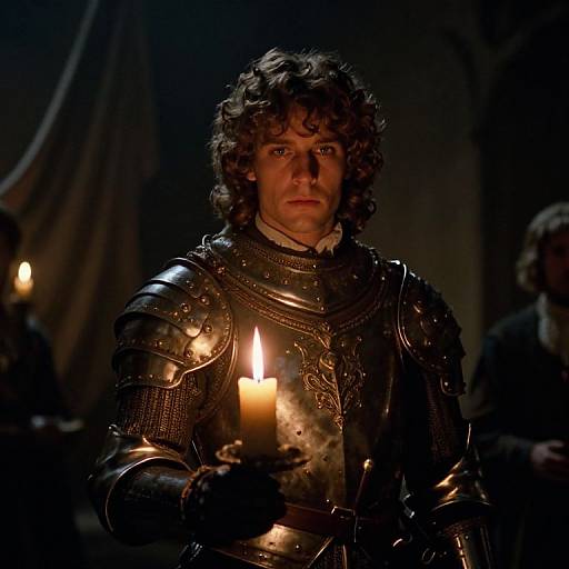 Photograph of a curly-haired man in medieval armor holding a candle, dimly lit, with a serious expression, medieval setting.