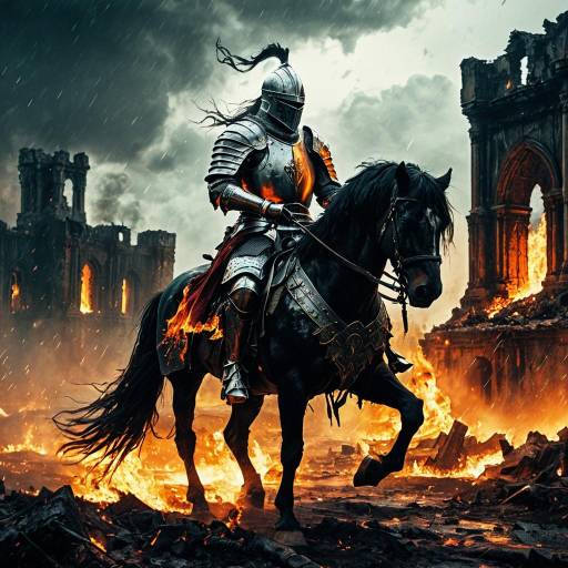 Armored Knight on Flaming Horse in Burning Battlefield Armored Knight on Flaming Horse in Burning Battlefield
