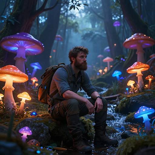 Photograph-style digital artwork: Bearded man with backpack sits by glowing, colorful mushrooms in mystical forest, illuminated by bioluminescent fungi.