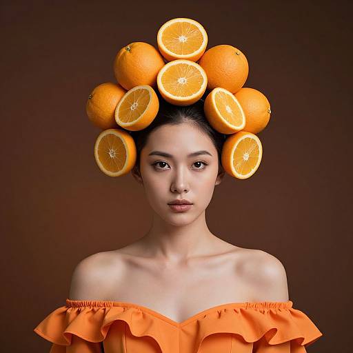 Photograph of an Asian woman with fair skin, wearing an off-shoulder orange dress, having a headpiece of whole and halved oranges against