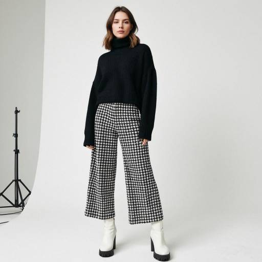 Woman in Turtleneck Sweater and Houndstooth Trousers