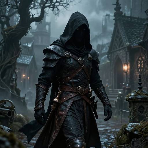 Mysterious, hooded figure in dark, armored cloak walks through a foggy, Gothic, medieval village with glowing lanterns and eerie, misty
