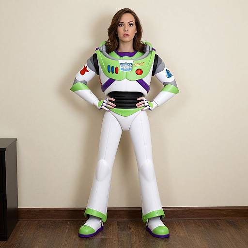Photograph of a woman with brown hair, wearing a white and green Buzz Lightyear space suit, standing confidently against a plain beige wall and wooden floor