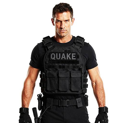 Photograph of a muscular, serious-looking white man with short brown hair, wearing a black 