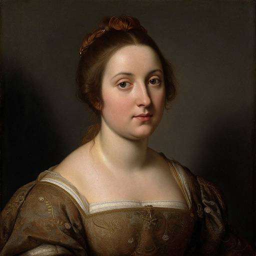 Photograph-style painting of a young Caucasian woman with fair skin, brown hair in a bun, wearing a brown, embroidered, square-neck dress. Dark