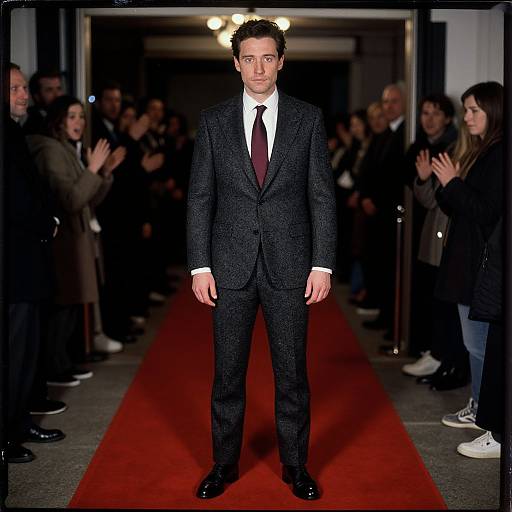 Photograph of a man in a black textured suit, white shirt, and red tie, standing on a red carpet, with a crowd applauding in