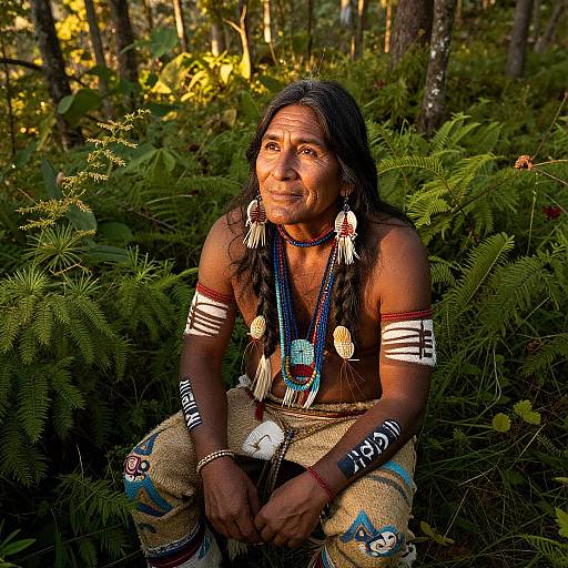 Photograph of a Native American woman with long black hair, wearing traditional beaded necklaces and arm bands, sitting amidst lush forest foliage, sunlight casting