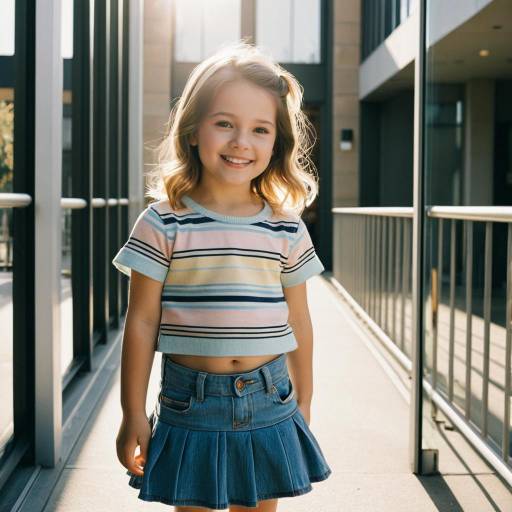 Smiling Toddler Girl in Denim Skirt Outdoors