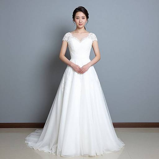 Photograph of an Asian woman with fair skin, black hair in an updo, wearing a white lace-trimmed, full-length wedding gown,