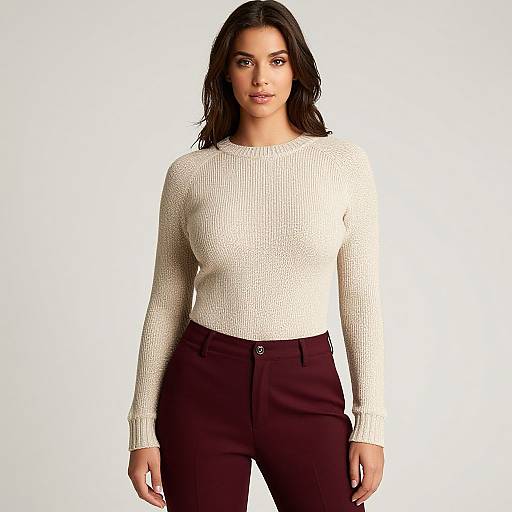 Photograph of a young woman with fair skin, dark brown wavy hair, wearing a white knit sweater and maroon high-waisted pants,