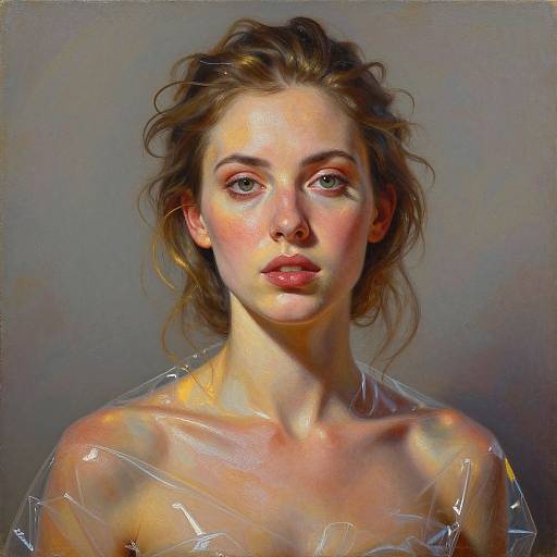 Photorealistic digital painting of a young woman with fair skin, green eyes, and brown wavy hair, partially covered by clear plastic, set against