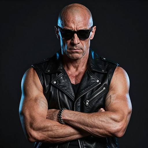 Muscular Bald Man in Leather Vest