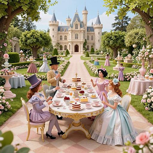 Whimsical digital painting of a fairy-tale garden tea party with elegantly dressed men and women in pastel dresses and top hats, seated at