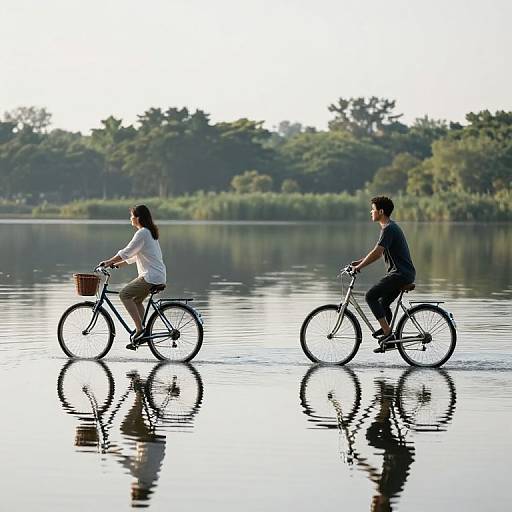 Photograph of a man and woman cycling side by side on a calm, reflective lake with lush green trees in the background. Both wear casual clothes;