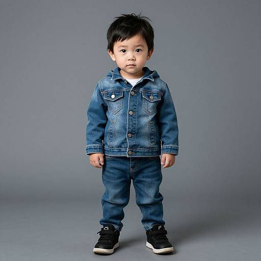 Photograph of an Asian toddler with black hair, wearing a blue denim jacket, matching jeans, and black sneakers, standing against a gray backdrop.