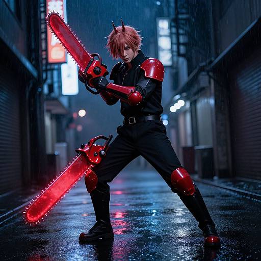 Digital anime artwork of a red-haired boy in black armor wielding a glowing red chainsaw in a rainy, neon-lit alley.