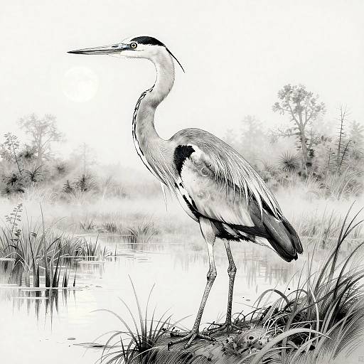 Elegant Heron Pen and Ink Drawing