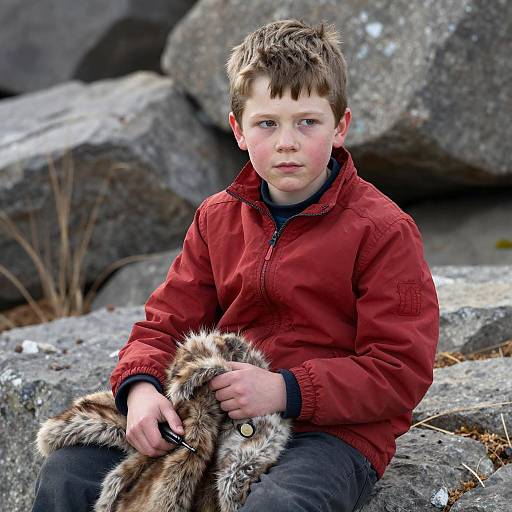 Young Boy in Red Jacket on Rocks
