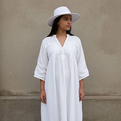 Photograph of a young woman with medium brown skin and long black hair, wearing a white, loose, V-neck dress and wide-brimmed white