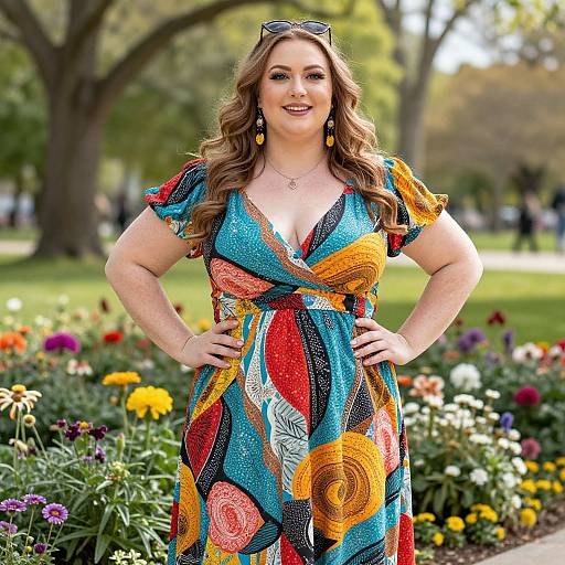 Photograph of a smiling, curvy woman with long wavy brown hair, wearing a colorful, patterned dress, standing in a vibrant garden with
