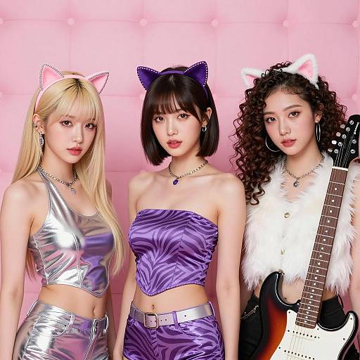 Pop Art Trio with Cat Ears and Guitar