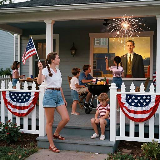 Photograph of a family celebrating on a porch with fireworks, American flags, and a portrait of a man in a suit.