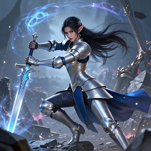 Digital artwork of an elven warrior with long black hair, wielding a glowing blue sword, clad in silver armor, amidst a ruined, smoky battlefield