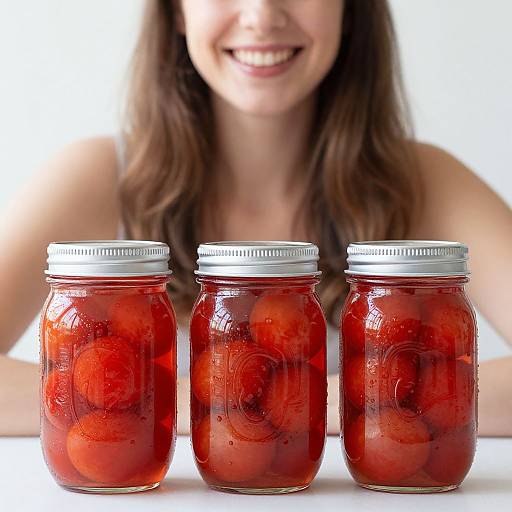 Photograph of a smiling woman with long brown hair in the background, three red mason jars filled with pickled red onions in front.