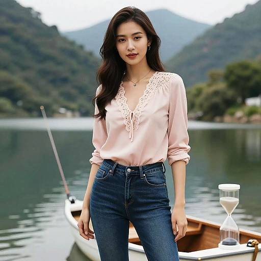 Photograph of an Asian woman with long dark hair, wearing a pink lace blouse and blue jeans, standing by a serene lake with mountains and a boat