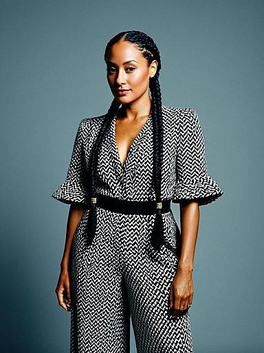 Woman with Long Braided Hairstyle in Patterned Jumpsuit