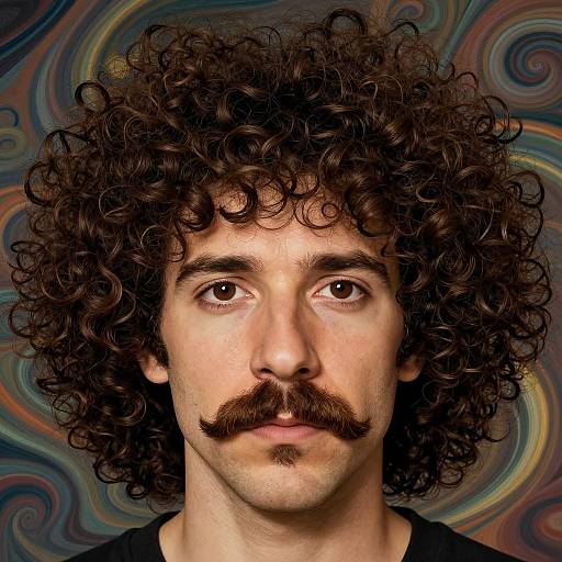 Photograph of a young man with curly brown hair, dark mustache, and brown eyes, against a colorful swirling background.