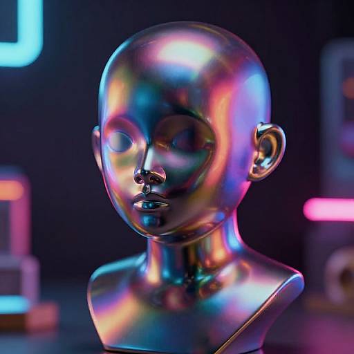 Photorealistic CGI of a shiny, metallic, rainbow-colored head statue with smooth, reflective surface, illuminated by neon lights in a dark, futuristic background