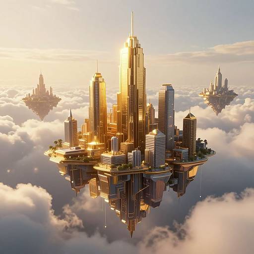 Photorealistic CGI of a futuristic cityscape floating in the clouds at sunset, with golden sunlight illuminating towering skyscrapers and reflecting on the cloud