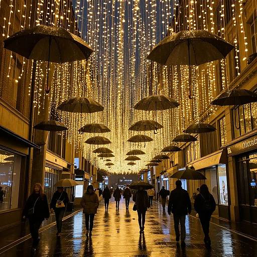 Photograph of a rainy city street at night, illuminated by hanging golden string lights and open umbrellas overhead, with silhouetted pedestrians walking on