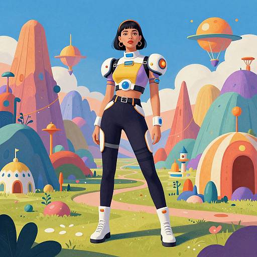 Digital illustration of a stylish woman with short black hair, wearing a yellow top, black pants, and white boots, standing confidently in a vibrant, surreal