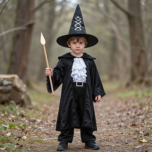 Photograph of a young boy in a black wizard costume with a white ruffled shirt, black hat, holding a lit torch, standing in a forest
