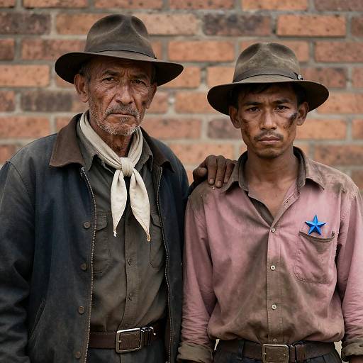 Two Weathered Men Against Brick Wall